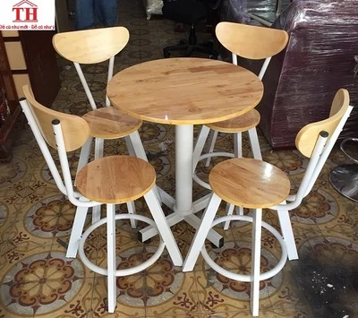Bàn ghế cafe chân mặt gỗ chân sắt  tròn