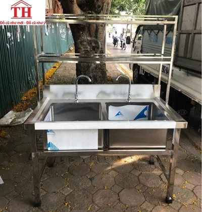 Chậu rửa inox công nghiệp có giá 2 tầng