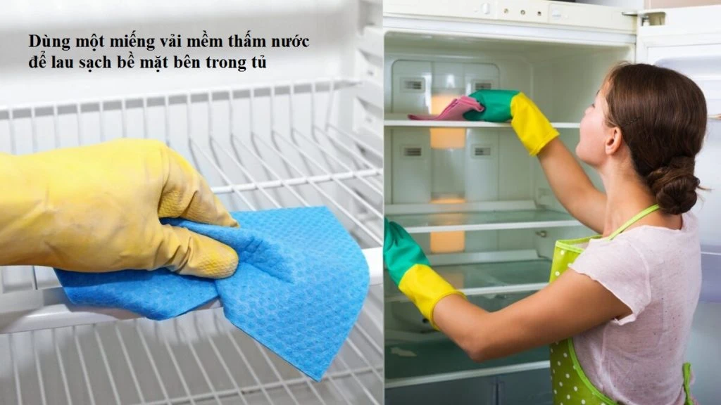Dùng khăn ẩm lau sạch tất cả bên trong tủ