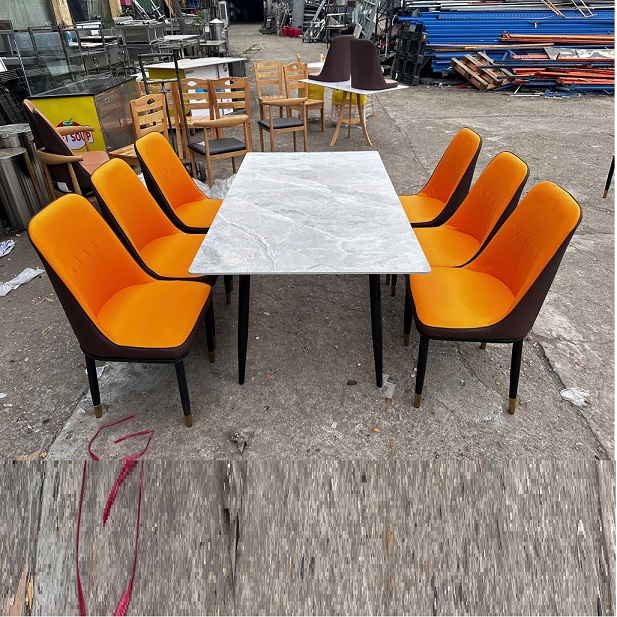 Bộ bàn ghế chân sắt mặt đá 6 ghế monet