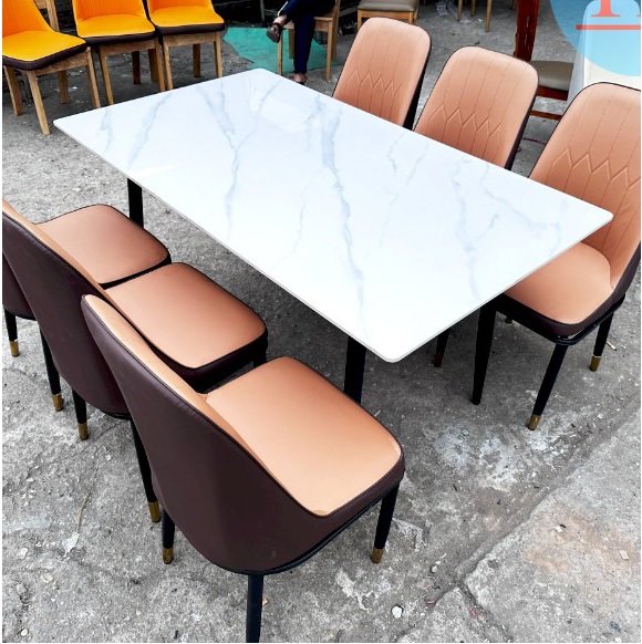 Bộ bàn ăn mặt đá 6 ghế Monet hồng